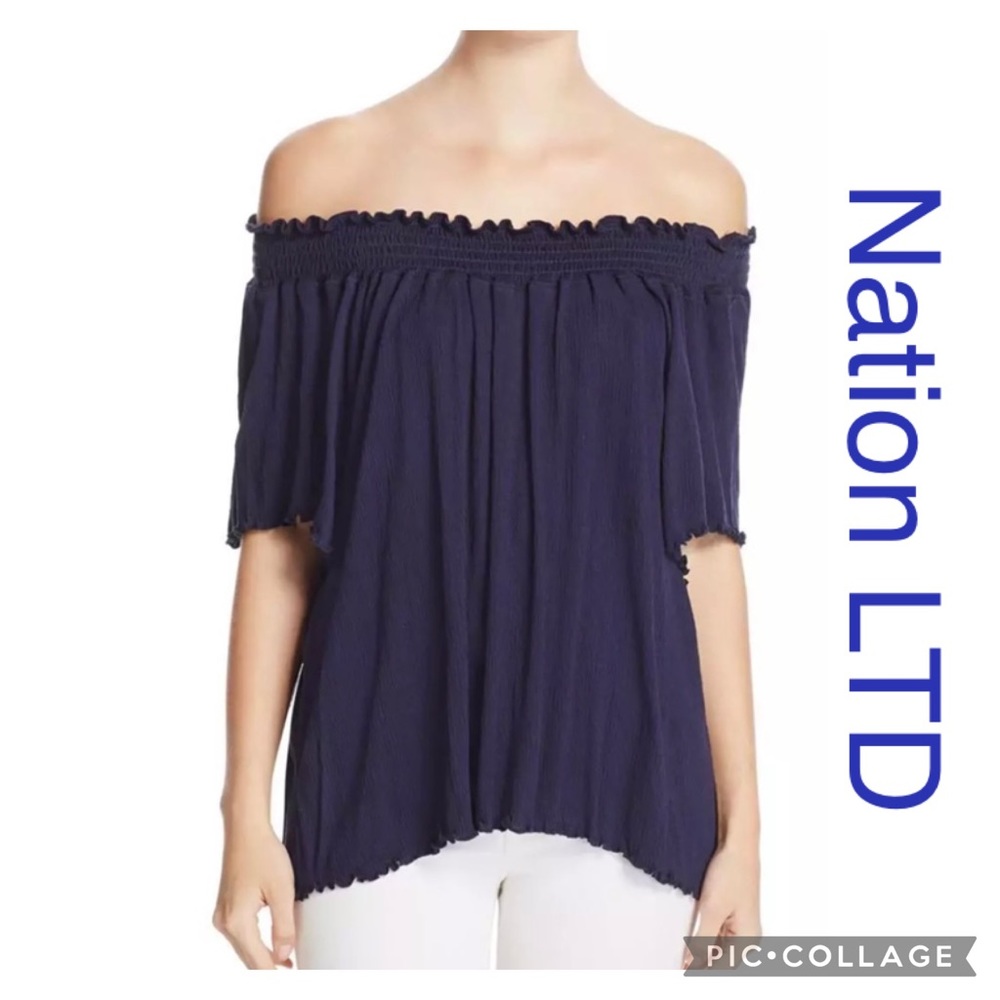 NATION LTD Flowy Off-the-Shoulder Navy Blue Top NWT Size XS